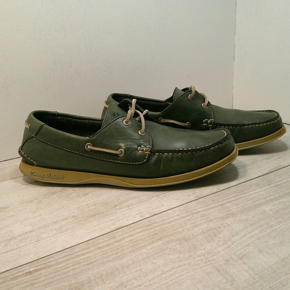 Tommy Bahama Retro Casual Midnight Green Leather Loafers Boat Shoes Size 9 M